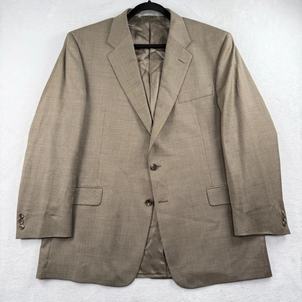 Hickey Freeman Suit Mens 46R 35x29 100% Worsted Wool USA Beige Tan Made In USA